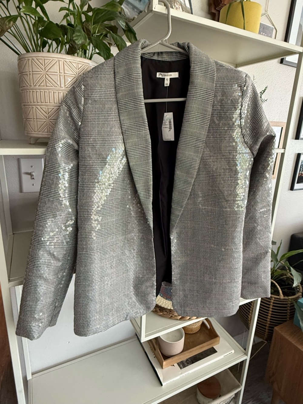 Maurices Gray Sequin Plaid Shawl Collar Blazer